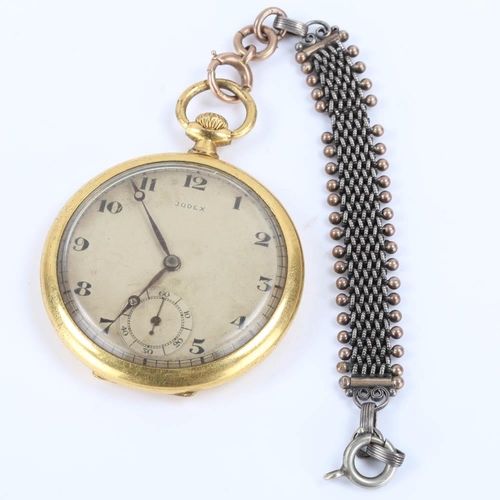 73 - JUDEX - an Art Deco gold plated open face topwind slimline pocket watch, silvered dial with Breguet ... 