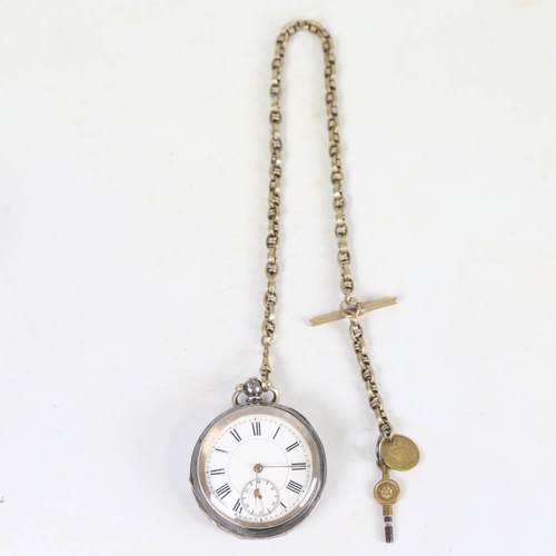 75 - A Swiss silver open-face keywind pocket watch, by Kendal & Dent's, white enamel dial with Roman nume... 