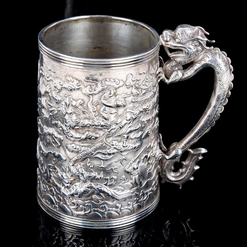 106 - A mid-19th century Chinese export silver mug, by Houcheong of Canton, tapered cylindrical form with ... 