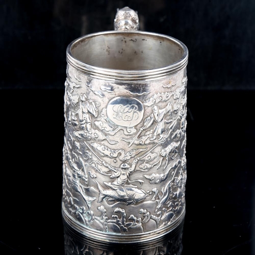 106 - A mid-19th century Chinese export silver mug, by Houcheong of Canton, tapered cylindrical form with ... 