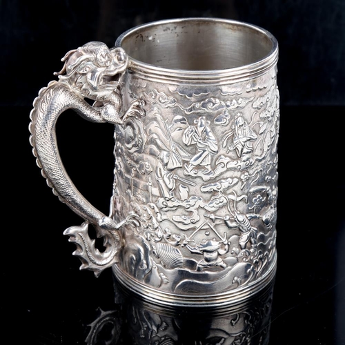 106 - A mid-19th century Chinese export silver mug, by Houcheong of Canton, tapered cylindrical form with ... 