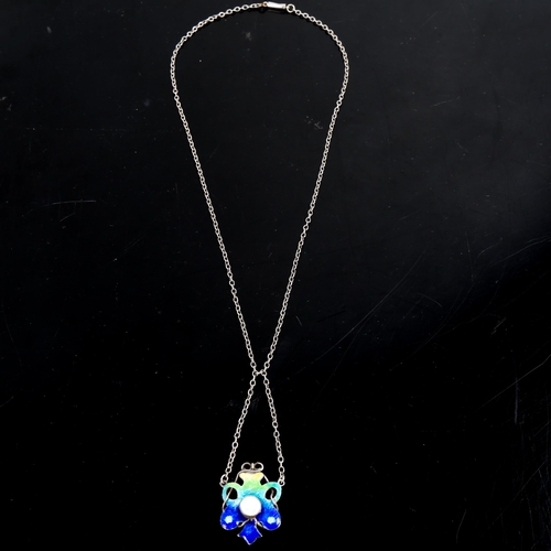 112 - An Art Nouveau sterling silver blister pearl and peacock enamel lavaliere pendant necklace, stylised... 