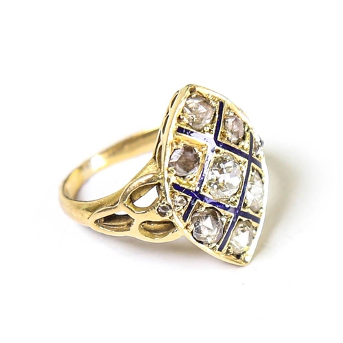 117 - A 19th century diamond and blue enamel marquise panel ring, unmarked gold settings with old European... 