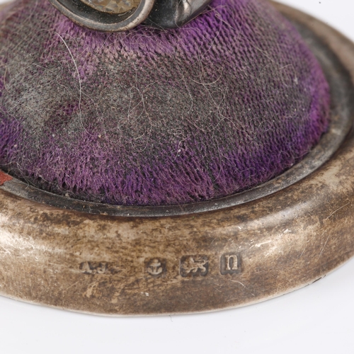 126 - A rare George V novelty silver railway lantern pin cushion, circular base with purple velvet and pas... 