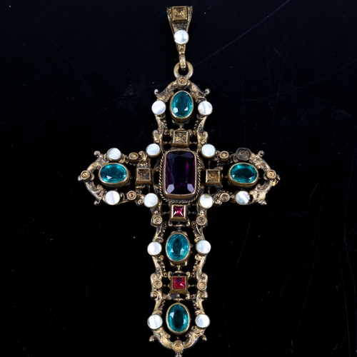 128 - An Austro-Hungarian blister pearl and paste cross pendant, circa 1880, unmarked openwork foliate des... 