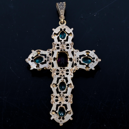 128 - An Austro-Hungarian blister pearl and paste cross pendant, circa 1880, unmarked openwork foliate des... 