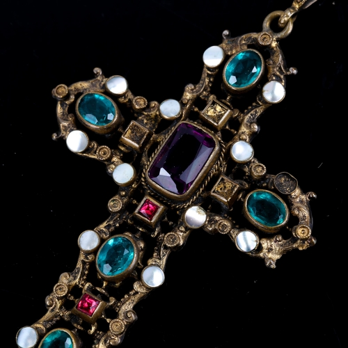 128 - An Austro-Hungarian blister pearl and paste cross pendant, circa 1880, unmarked openwork foliate des... 