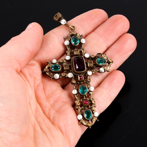 128 - An Austro-Hungarian blister pearl and paste cross pendant, circa 1880, unmarked openwork foliate des... 