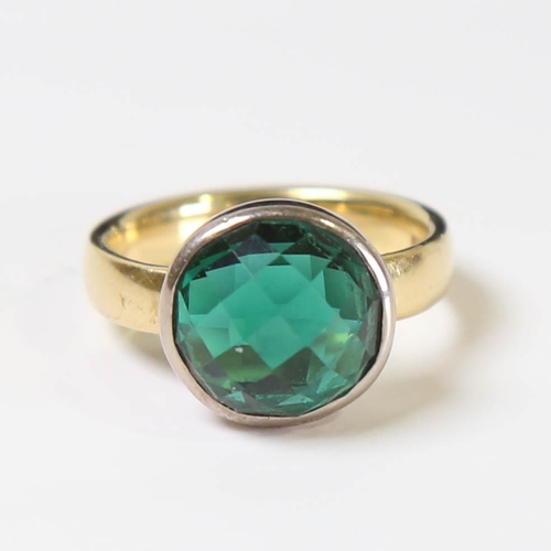 129 - A modern 18ct gold green stone set ring, set with double rose-cut stone, by Peter Jenner, hallmarks ... 