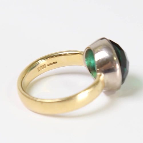 129 - A modern 18ct gold green stone set ring, set with double rose-cut stone, by Peter Jenner, hallmarks ... 