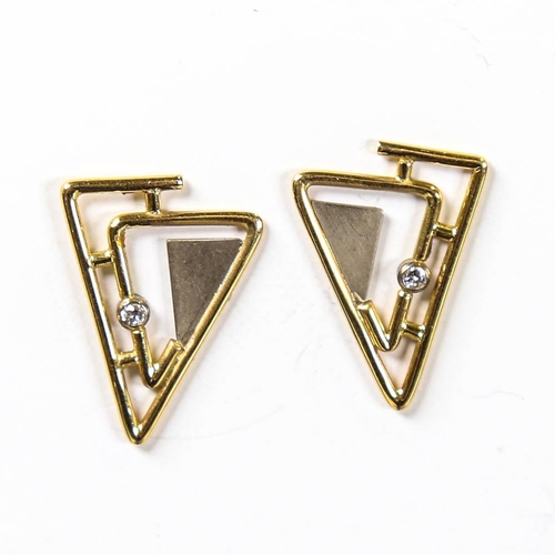 131 - A pair of late 20th century modernist 18ct white and yellow gold diamond earrings, geometric triangu... 