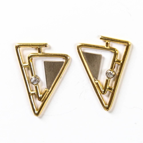 131 - A pair of late 20th century modernist 18ct white and yellow gold diamond earrings, geometric triangu... 