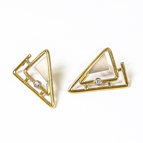 131 - A pair of late 20th century modernist 18ct white and yellow gold diamond earrings, geometric triangu... 