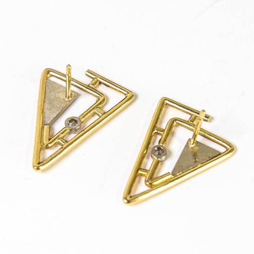 131 - A pair of late 20th century modernist 18ct white and yellow gold diamond earrings, geometric triangu... 