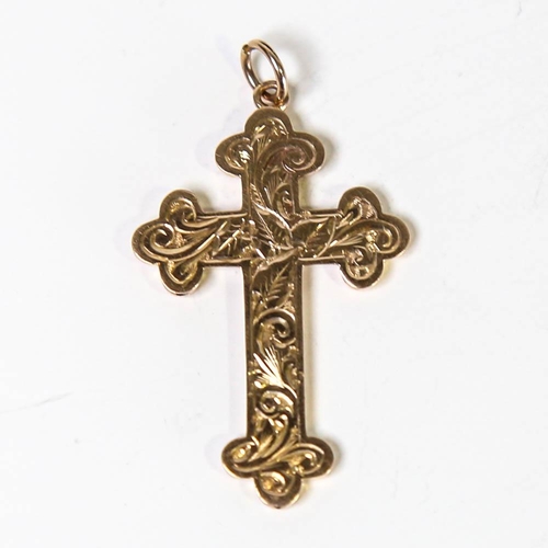 133 - An early 20th century 9ct rose gold cross pendant, engraved foliate decoration, by Able & Charnell, ... 