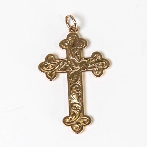 133 - An early 20th century 9ct rose gold cross pendant, engraved foliate decoration, by Able & Charnell, ... 