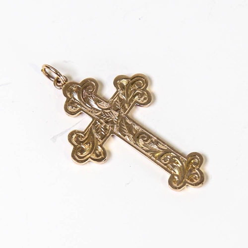 133 - An early 20th century 9ct rose gold cross pendant, engraved foliate decoration, by Able & Charnell, ... 