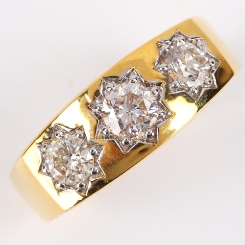 135 - A large Antique style 9ct gold 3-stone diamond gypsy ring, set with modern round brilliant cut diamo... 