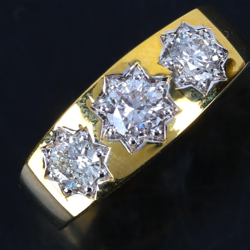 135 - A large Antique style 9ct gold 3-stone diamond gypsy ring, set with modern round brilliant cut diamo... 