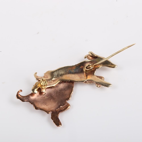 136 - A modern two-tone 9ct gold figural Afghan Hound dog brooch, modelled running with textured settings,... 