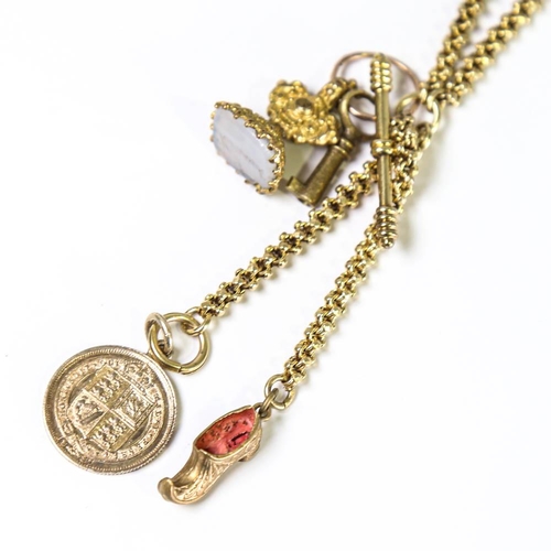 148 - A Victorian 15ct gold fancy link long guard chain, with various gilt metal charms including 'Hannah'... 