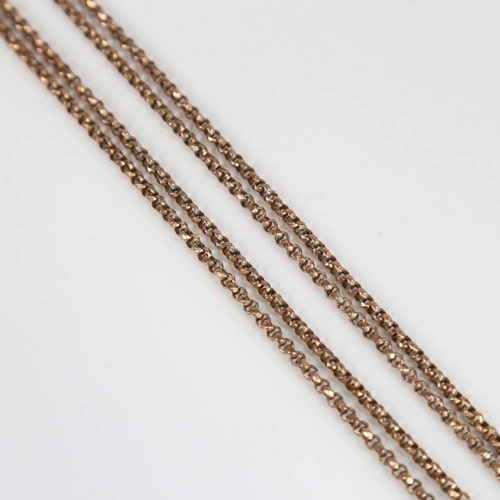 156 - A Victorian gold plated long guard chain, with faceted belcher links and dog clip, chain length 138c... 