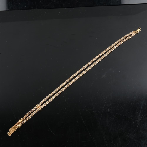 157 - A late 20th century 9ct yellow and white gold necklace, ropetwist and boxlinks with tassel terminals... 