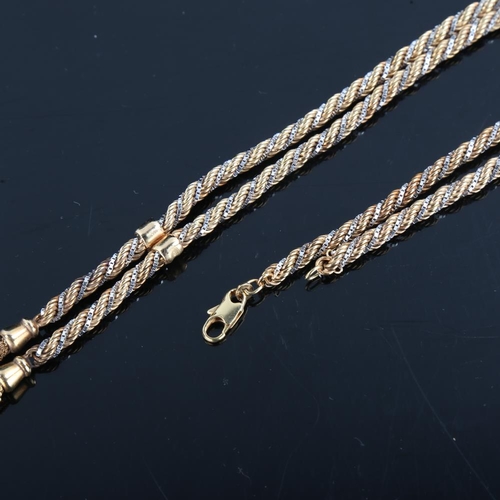 157 - A late 20th century 9ct yellow and white gold necklace, ropetwist and boxlinks with tassel terminals... 