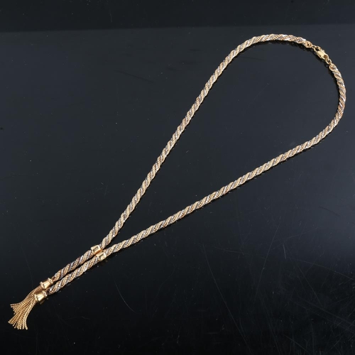 157 - A late 20th century 9ct yellow and white gold necklace, ropetwist and boxlinks with tassel terminals... 