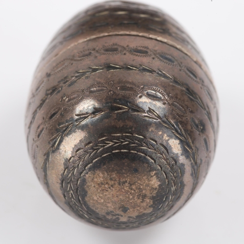 166 - A George III silver egg nutmeg grater, circa 1780, bright cut engraved band decoration with detachab... 