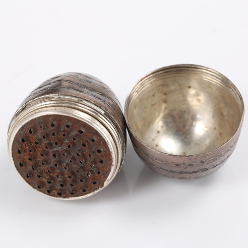 166 - A George III silver egg nutmeg grater, circa 1780, bright cut engraved band decoration with detachab... 