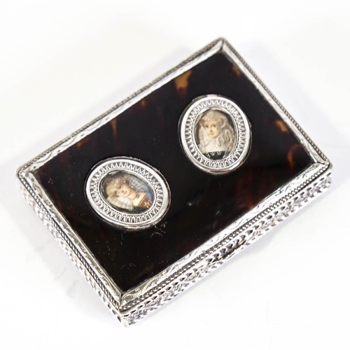 167 - An early 20th century Continental silver and tortoiseshell box, with inset miniature handpainted por... 