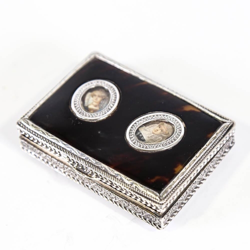 167 - An early 20th century Continental silver and tortoiseshell box, with inset miniature handpainted por... 