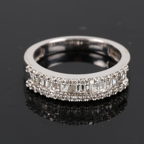 171 - A modern 18ct white gold diamond cluster half hoop band ring, set with baguette and round brilliant ... 