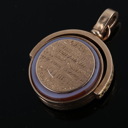 175 - A 19th century 10ct gold swivel seal fob/locket, set with polished bloodstone and sardonyx and appli... 