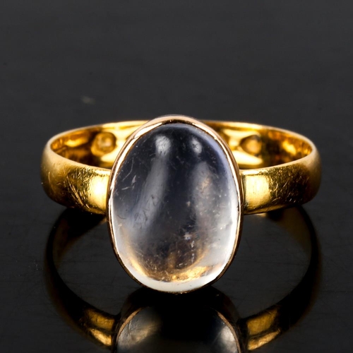 179 - A Victorian 22ct gold moonstone ring, plain bezel set with oval cabochon blue moonstone, maker's mar... 