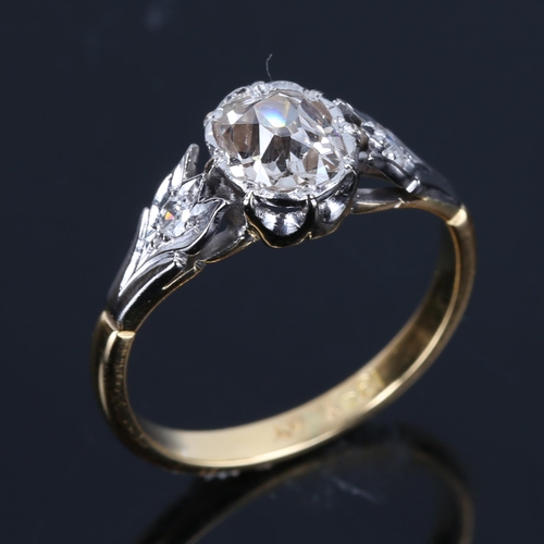 189 - An 18ct gold 0.7ct solitaire diamond ring, set with oval old cut diamond and single cut diamond plat... 