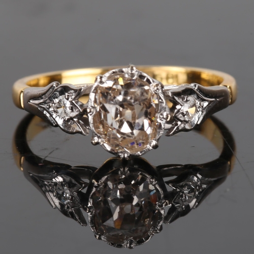 189 - An 18ct gold 0.7ct solitaire diamond ring, set with oval old cut diamond and single cut diamond plat... 