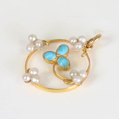 191 - An Art Nouveau 9ct gold turquoise and pearl clover pendant, set with oval cabochon turquoise and who... 