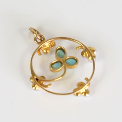 191 - An Art Nouveau 9ct gold turquoise and pearl clover pendant, set with oval cabochon turquoise and who... 