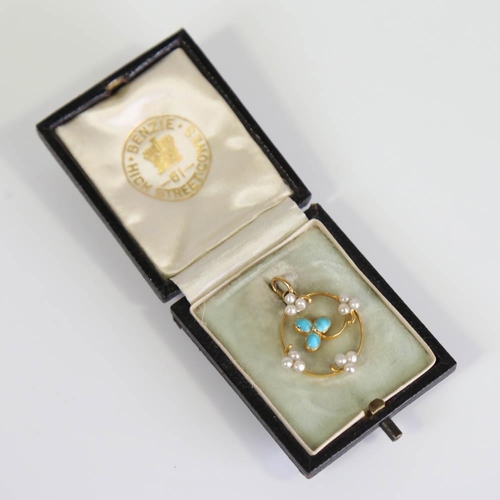 191 - An Art Nouveau 9ct gold turquoise and pearl clover pendant, set with oval cabochon turquoise and who... 