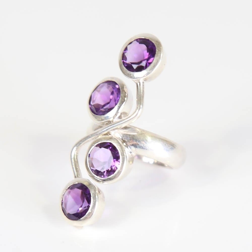 192 - A large modern handmade silver amethyst abstract ring, set with round cut amethyst, setting height 4... 