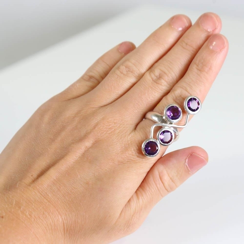 192 - A large modern handmade silver amethyst abstract ring, set with round cut amethyst, setting height 4... 