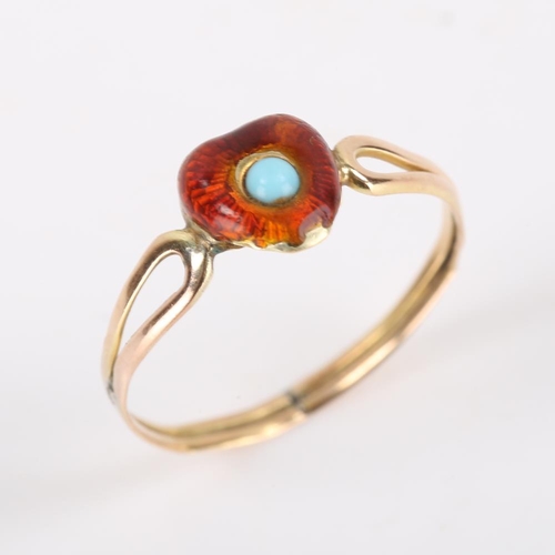 194 - A Georgian red enamel and turquoise sweetheart heart ring, unmarked gold with partially closed back ... 