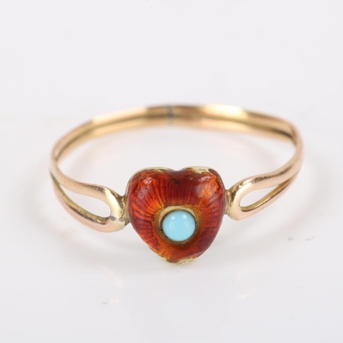 194 - A Georgian red enamel and turquoise sweetheart heart ring, unmarked gold with partially closed back ... 