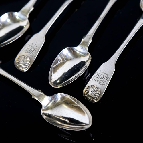 200 - A set of 6 George III silver Fiddle and Shell pattern teaspoons, by John Walton, hallmarks Newcastle... 