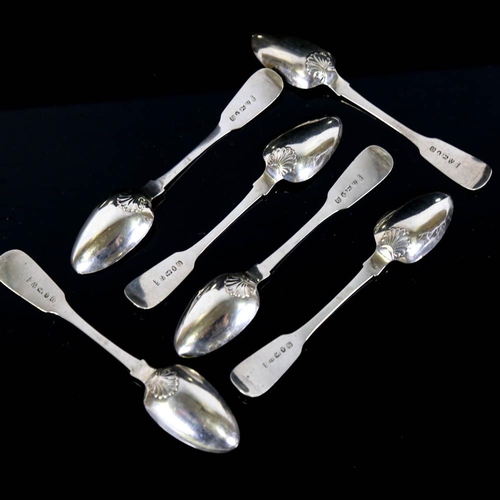 200 - A set of 6 George III silver Fiddle and Shell pattern teaspoons, by John Walton, hallmarks Newcastle... 