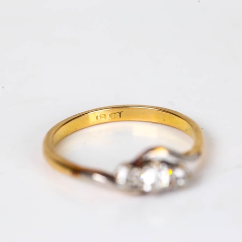 207 - An early 20th century 18ct gold 3-stone diamond crossover ring, set with old European cut diamonds, ... 