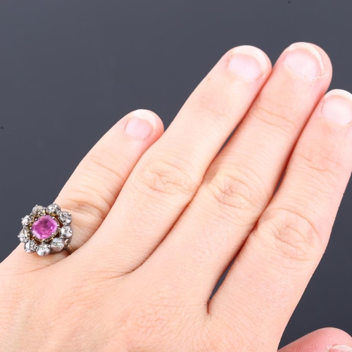 209 - A Georgian ruby and diamond cluster ring, unmarked gold closed back settings with square emerald cut... 