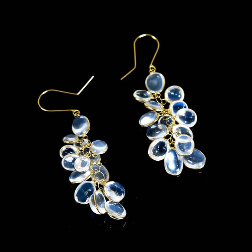 212 - A pair of modern handmade 14ct gold moonstone grape earrings, set with oval cabochon moonstones, ear... 